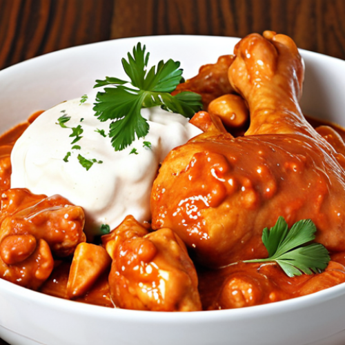 Home 7 **Image Prompt:** A vibrant, steaming bowl of Chicken Paprikash, featuring tender chicken pieces coated in a rich, red paprika sauce. Focus on the texture of the sauce and the golden-brown sear on the chicken. Garnish with a dollop of sour cream and fresh parsley.