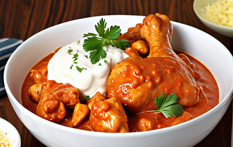 **Image Prompt:** A vibrant, steaming bowl of Chicken Paprikash, featuring tender chicken pieces coated in a rich, red paprika sauce. Focus on the texture of the sauce and the golden-brown sear on the chicken. Garnish with a dollop of sour cream and fresh parsley.